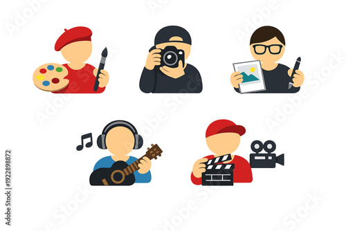 A collection of five flat vector icons representing various creative professions including a painter, photographer, graphic designer, musician, and filmmaker on a black background.