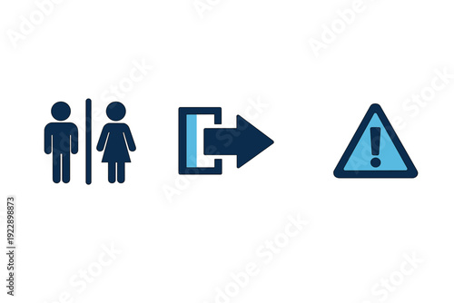 A set of three blue icons on a black background including a restroom sign with male and female figures, an exit arrow pointing out of a door, and a warning triangle with an exclamation mark.