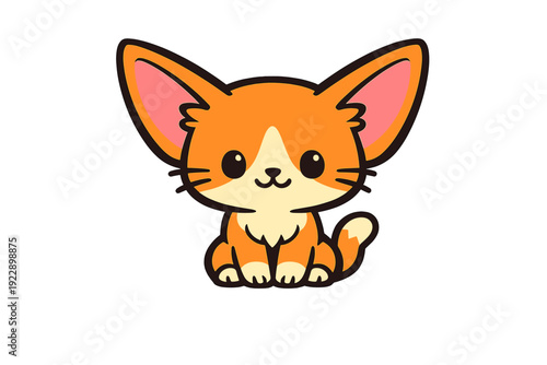 This minimalist vector illustration depicts a cute orange and white fox with oversized ears and large black eyes. The character is sitting centered on a solid black background.