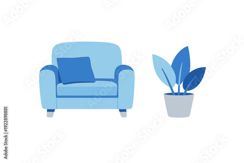 This minimalist vector illustration features a comfortable light blue armchair with a matching pillow and a decorative potted plant with blue leaves on a black background.