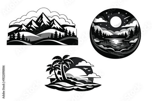 Three monochrome paper-cut style illustrations featuring a mountain range, a night lake scene with a full moon, and a tropical island with palm trees against a black background.