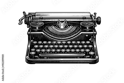 This detailed black and white woodcut style illustration features a vintage manual typewriter with a keyboard and carriage, isolated on a solid black background.