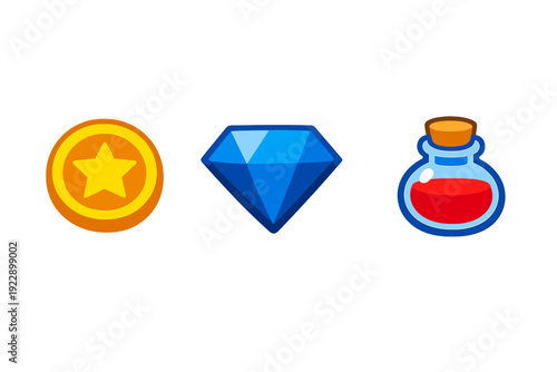 A collection of three digital game assets including a golden star coin, a blue faceted diamond, and a red liquid potion bottle, all isolated on a plain black background.