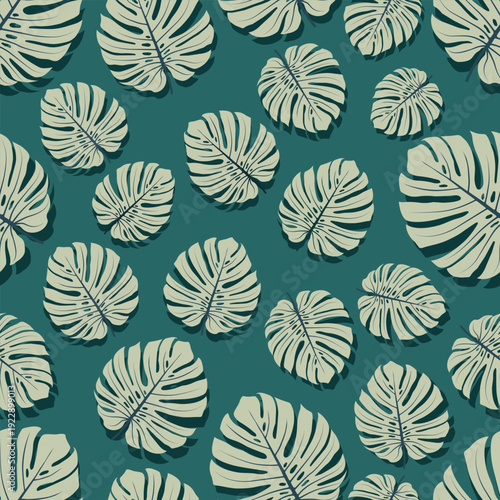 Seamless pattern of tropical monstera leaves on teal background