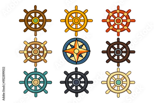 A collection of nine nautical icons featuring eight different colored ship steering wheels and one central compass rose, all presented in a stylized cartoon vector design.