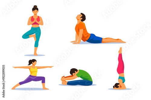A collection of vector illustrations showing diverse people practicing various yoga poses including tree pose, cobra pose, warrior pose, seated forward bend, and a headstand.