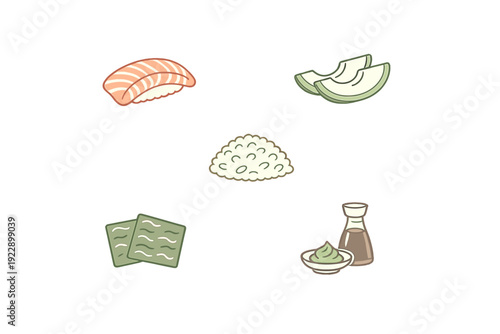 A collection of cartoon illustrations showing sushi ingredients including salmon nigiri, avocado slices, white rice, nori seaweed sheets, wasabi, and soy sauce on a black background.