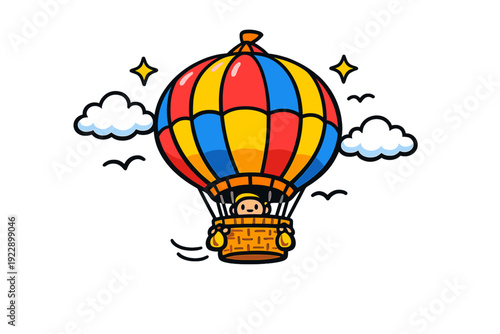 A colorful cartoon hot air balloon with a striped pattern flies through a dark night sky filled with white clouds, yellow stars, and small birds. A small character sits in the basket.
