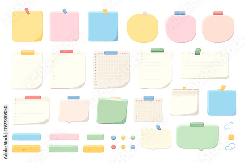 A collection of colorful pastel sticky notes, memo pads, and paper scraps with pins and tape. The set includes lined, grid, and plain papers in various shapes for digital planning.