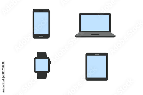 A collection of four flat design electronic device icons including a smartphone, a laptop, a smartwatch, and a tablet, all featuring light blue screens on a solid black background.