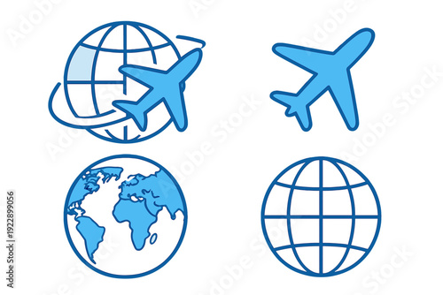 A collection of four blue and white icons depicting airplanes and globes, representing international travel and global connectivity, set against a black background with grid details.