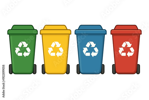 Four colorful recycling bins in green, yellow, blue, and red colors are lined up against a black background. Each bin features a white recycling symbol on the front side.