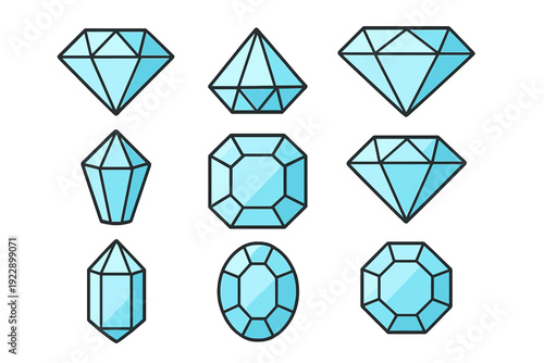 A collection of nine light blue diamond and gemstone icons in various shapes and cuts, featuring black outlines and simple shading, set against a solid black background.
