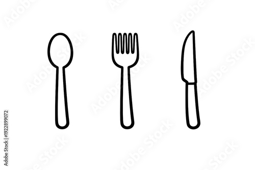 This minimalist illustration features white outlines of a spoon, a fork, and a knife on a solid black background. The simple line art depicts a standard set of kitchen cutlery or utensils.