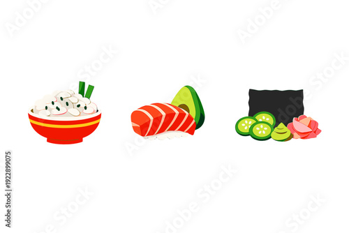 Three stylized illustrations of sushi ingredients including a bowl of rice, salmon nigiri with avocado, and nori seaweed with cucumber, wasabi, and ginger on a black background.