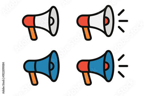 A set of four megaphone illustrations in white and blue colors on a black background. Some icons feature sound waves to represent communication, marketing, and public speaking.