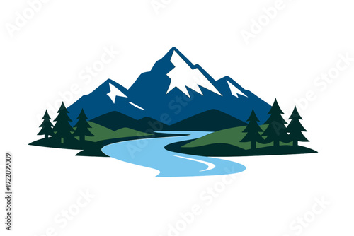 A minimalist vector illustration of a majestic blue mountain range with a snow-capped peak, a winding river, and green pine trees on the grassy banks against a solid black background.