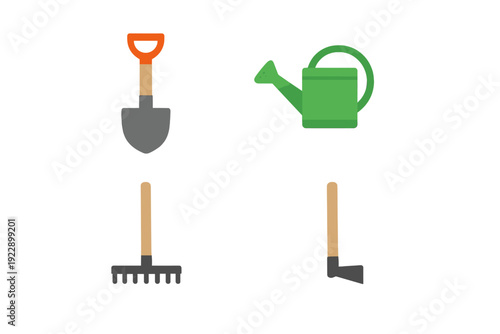 A collection of four flat design gardening tool icons including a shovel, a green watering can, a rake, and a hoe, all arranged on a solid black background for a clean look.