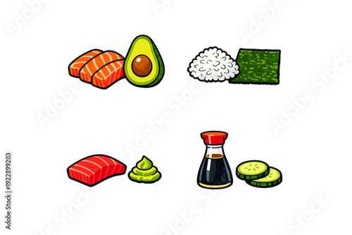 This set of cartoon illustrations displays various sushi ingredients including salmon, avocado, rice, nori, tuna, wasabi, soy sauce, and cucumber slices against a black backdrop.