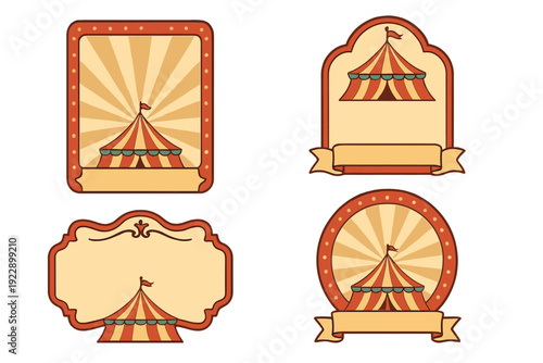 A set of four vintage circus-themed labels featuring red and yellow big top tents, sunburst backgrounds, and blank banners for text, designed in a classic carnival style.