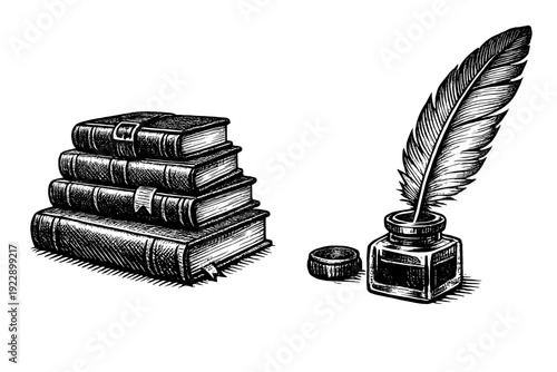 A black and white engraving style illustration featuring a stack of four vintage books next to an inkwell with a quill feather pen against a solid black background.