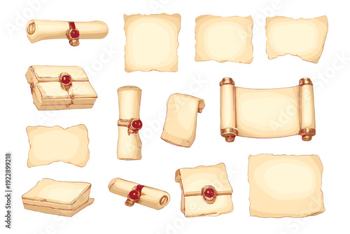 Various antique parchment scrolls and torn paper sheets featuring red wax seals against a black background. This set includes rolled documents and folded medieval letters.