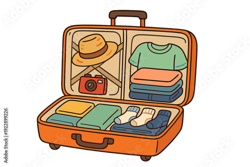 An open orange suitcase is neatly packed with travel essentials including a straw hat, a red camera, a green t-shirt, folded clothing, and several pairs of socks for a trip.