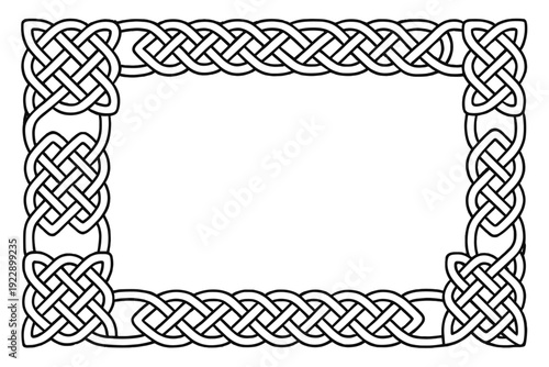 A black and white illustration of a rectangular frame featuring intricate Celtic knot patterns and interlaced line art designs on a solid black background for decorative use.