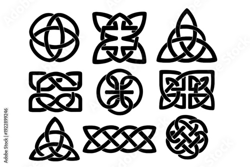 Nine different white Celtic knot symbols are arranged in a grid on a black background. The set includes various interlaced patterns, geometric shapes, and traditional line art designs.