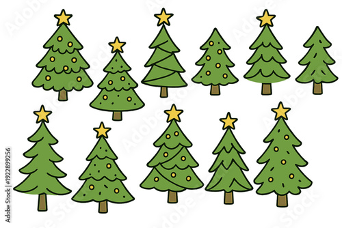 This illustration features eleven unique hand-drawn green Christmas trees with yellow stars and baubles on a black background, perfect for festive holiday decorations and cards.
