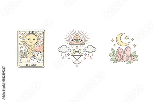 A collection of three esoteric illustrations including a sun tarot card, an eye in a triangle with clouds, and a crescent moon with crystals and floral elements on a black background.