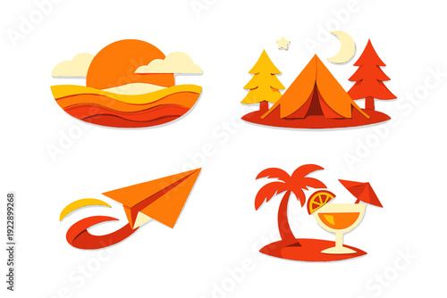 A set of four stylized papercut icons representing travel and vacation themes, including a sunset, a camping tent under the moon, a paper airplane, and a tropical cocktail with a palm tree.