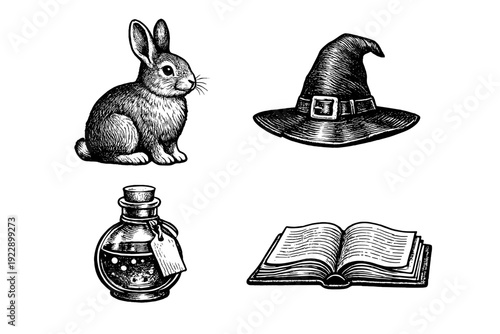 A collection of four vintage woodcut style illustrations featuring a rabbit, a witch hat, a potion bottle, and an open book, all set against a solid black background.