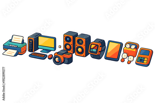 A collection of stylized electronic gadgets including a computer, printer, camera, speakers, and mobile devices, illustrated in a bold orange and blue color palette on a black background.