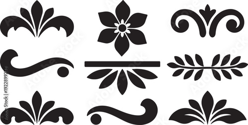 Vintage floral ornament icon set. Includes 8 decorative elements. Created in black line style with white background.