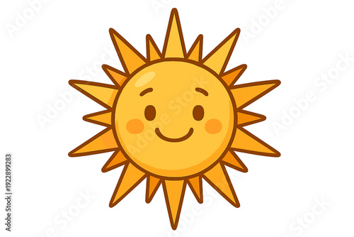 A cute cartoon illustration of a smiling sun with rosy cheeks and many pointed rays. The sun has a friendly face and is colored in bright shades of yellow and orange with a dark outline.