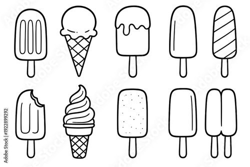 A collection of ten white line art icons featuring various ice cream treats and popsicles on a black background. The set includes cones, soft serve, and different popsicle shapes.