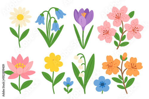 A collection of various colorful spring flowers in a flat illustration style, including daisies, bluebells, and lilies, set against a solid black background for high contrast.