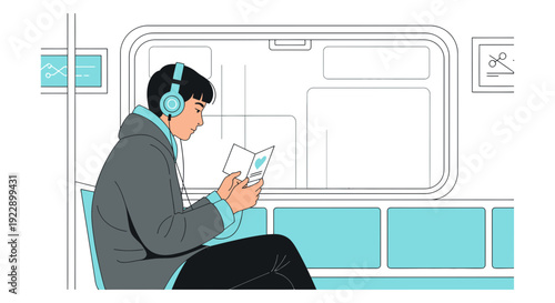 Young Person Reading Book with Headphones on Commute