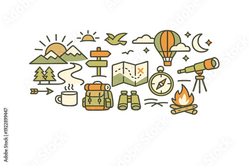 This flat illustration features various outdoor adventure icons such as a hot air balloon, telescope, map, and binoculars, all rendered in a warm color palette on a dark backdrop.