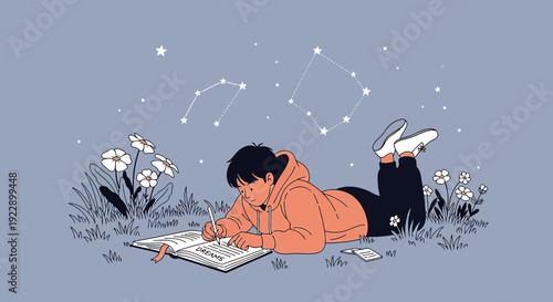 Young person writing in notebook under starry sky with constellations and wildflowers