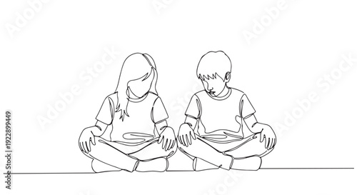 Continuous line art illustrating two serene children, a boy and a girl, sitting peacefully in contemplation, a minimalist drawing symbolizing childhood calm