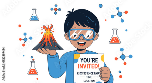 Young Scientist with Volcano Model and Invitation for Science Fair