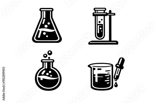 A set of four white minimalist icons representing laboratory glassware including an Erlenmeyer flask, test tube, round-bottom flask, and a beaker with a dropper on a black background.