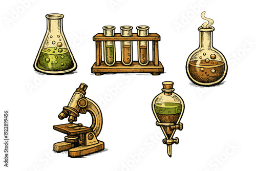 Hand-drawn vintage laboratory equipment set featuring a microscope, test tubes in a rack, and various glass flasks with bubbling liquids, illustrated in a classic woodcut style on black.