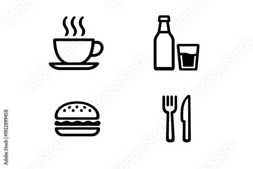 A collection of four minimalist line art icons representing food and drink, including a steaming coffee cup, a bottle with a glass, a hamburger, and a fork and knife set.