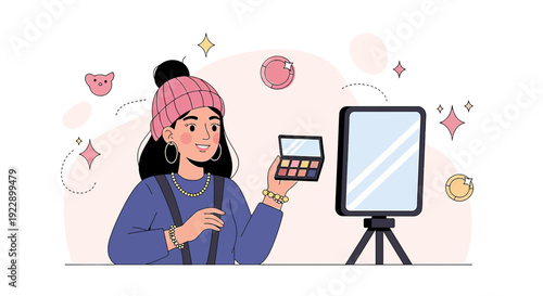 Young Woman Applying Makeup, Beauty Vlogger Concept, Flat Illustration