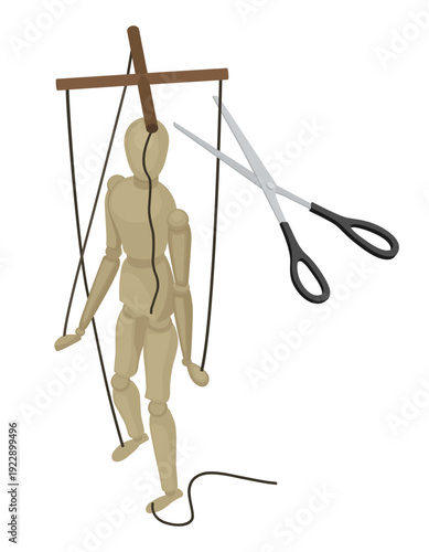 Cutting the ropes of string puppet - hand drawn conceptual vector illustration.