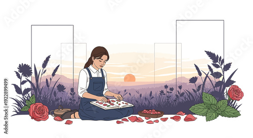 Young Woman Arranging Flowers in Meadow at Sunset