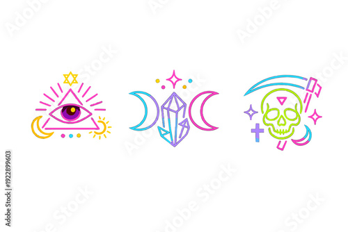A collection of three neon occult icons including an all-seeing eye, a crystal with moon phases, and a skull with a scythe, all rendered in bright glowing lines on black.
